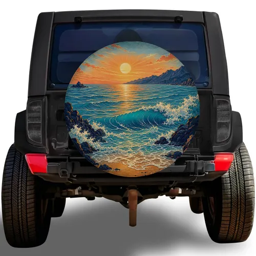 Sunset Ocean Waves And Rocky Coast For Coastal Road Trip Adventure Enthusiasts Fans Spare Tire Cover