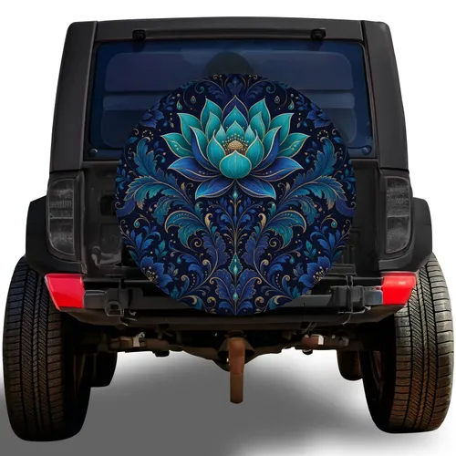 Peacock Teal Lotus Botanical Ornament For Elegant Jeep And SUV Adventure Travel Style Spare Tire Cover
