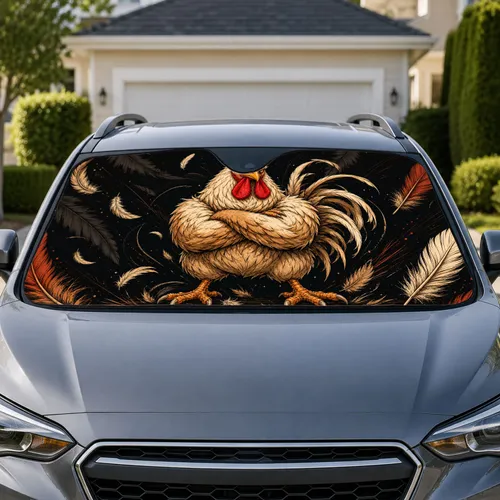 Grumpy Crossed-Wing Rooster Auto Interior Accent for Chicken Lover Road Trip Gifts Car Sunshade