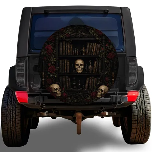 Gothic Skull Bookcase With Crimson Roses for Dark Academia Halloween Vehicle Style Spare Tire Cover