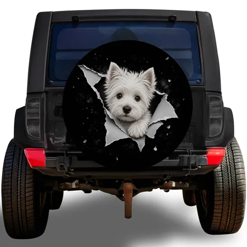 White Shaggy Terrier Puppy Torn Paper Look for Dog Lovers Off Road Adventure Travel Spare Tire Cover