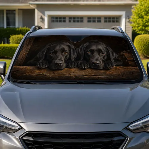 Two Black Labrador Retrievers On Rustic Wood For Family Road Trips And Dog Lovers Car Sunshade