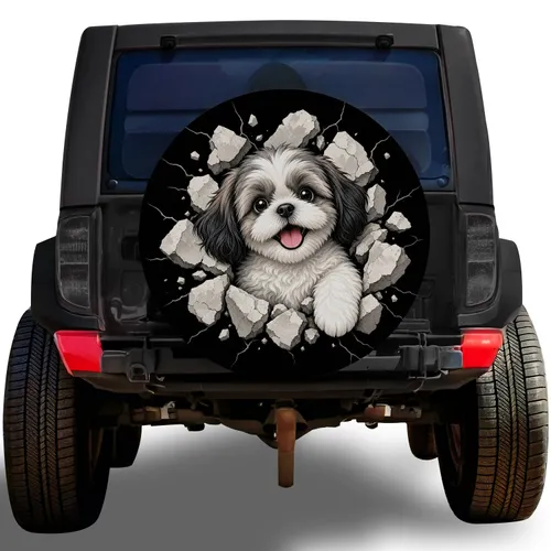 Happy Shih Tzu Puppy Breaking Through Stone for Dog Lovers and Road Trip Adventures Spare Tire Cover