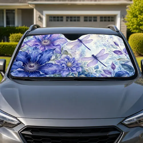 Watercolor Dragonflies And Clematis Flowers For Serene Garden Lovers And Nature Drives Car Sunshade