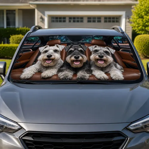 Three Miniature Schnauzers In Luxury Night Drive Scene For Dog Loving Daily Drivers Car Sunshade