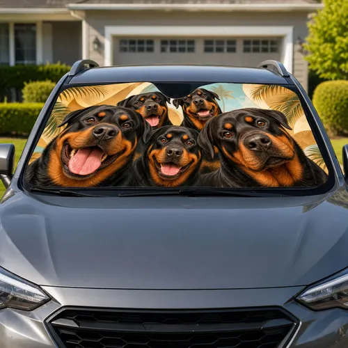 Happy Rottweiler Dog Group Portrait For Summer Parking Pet Lover Travel Accessories Car Sunshade