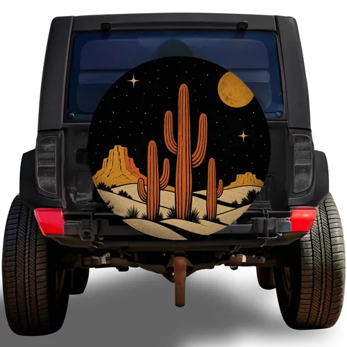 Moonlit Saguaro Cactus Desert Night For Southwest Road Trips And Outdoor Explorers Spare Tire Cover