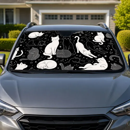 Monochrome Cat Doodle Decor for Fun Family Road Trips and Everyday Cat Lovers Car Sunshade