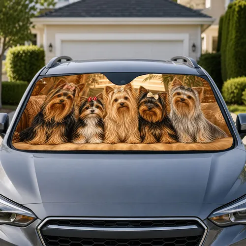 Five Yorkshire Terriers on Beige Bench for Road Trips and Dog Lover Family Adventures Car Sunshade