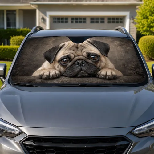 Realistic Fawn Pug Portrait For Dog Lover Summer Road Trip Gifts And Daily Drives Car Sunshade