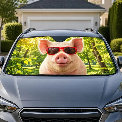 Pink Pig Wearing Red Sunglasses For Fun Summer Road Trips And Nature Loving Drivers Car Sunshade