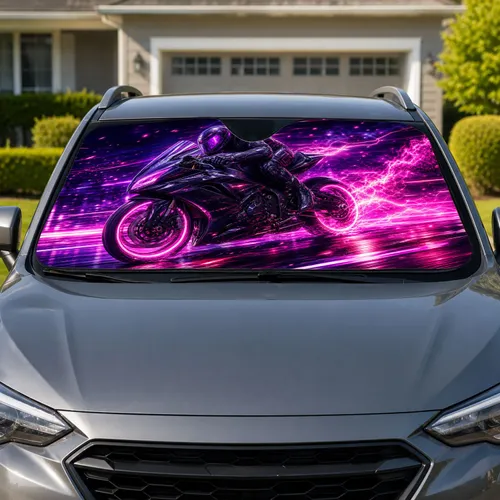 Neon Futuristic Motorcycle Rider Racing Scene For Night Drive Sport Bike Enthusiasts Car Sunshade