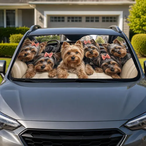 Six Yorkshire Terrier Companions In Luxury Auto Interior For Dog Lovers Road Trips Car Sunshade