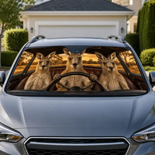 Realistic Kangaroo Trio In Vintage Auto For Australian Road Trips And Wildlife Lovers Car Sunshade