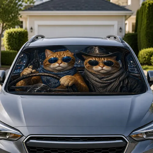 Outlaw Tabby Cats In Sunglasses For Western Road Trips, Cat Dads And Feline Fans Car Sunshade