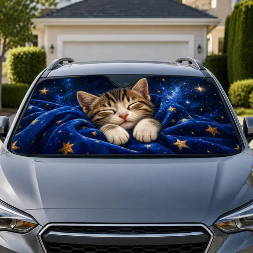 Sleeping Tabby Kitten Under Blue Star Blanket For Dreamy Night Drives And Cat Lovers Car Sunshade