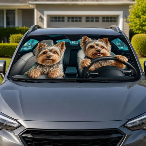 Realistic Yorkshire Terrier Driver Duo For Dog Lover Commutes And Pet Parent Gifts Car Sunshade