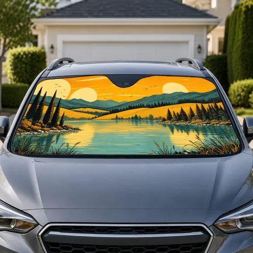 Golden Lake Sunset Forest Scenery For Road Trip Travel And Nature Loving Drivers Car Sunshade