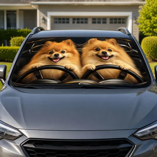 Smiling Pomeranian Drivers For Dog Lover Commutes And Pet Parent Road Trip Style Car Sunshade