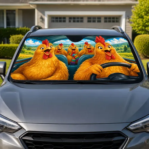 Joyful Rooster Family Road Trip Countryside Scene For Funny Farm Animal Travel Lovers Car Sunshade