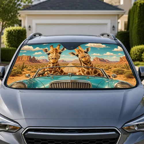 Giraffes Driving Vintage Teal Roadster On Desert Road For Summer Adventure Animal Lovers Car Sunshade