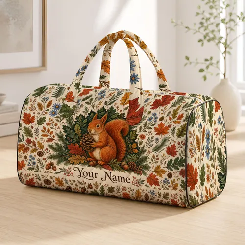Red Squirrel With Pinecone And Autumn Florals For Fall Travel And Nature Loving Women Quilted Weekend Bag
