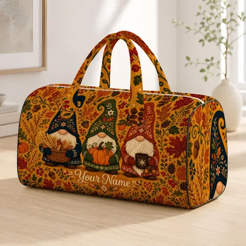 Nordic Autumn Gnomes With Pumpkin And Coffee For Fall Travel And Harvest Festival Trips Quilted Weekend Bag