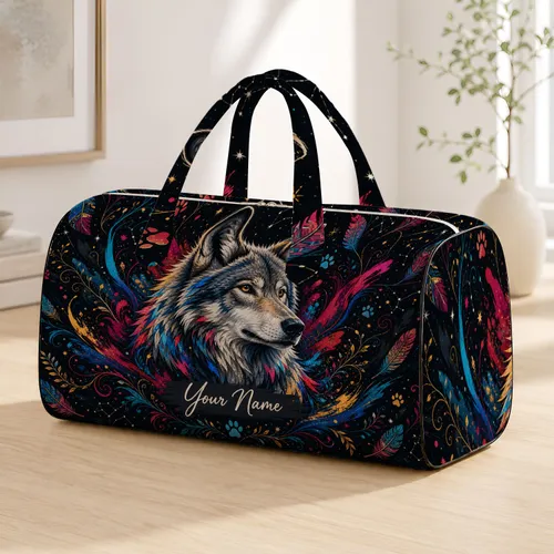 Colorful Gray Wolf Portrait For Travel Getaways And Everyday Carry For Wildlife Lovers Quilted Weekend Bag