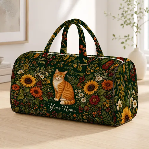 Orange Tabby Cat With Sunflowers For Travel, Sleepovers And Garden Gift And Nature Lovers Quilted Weekend Bag