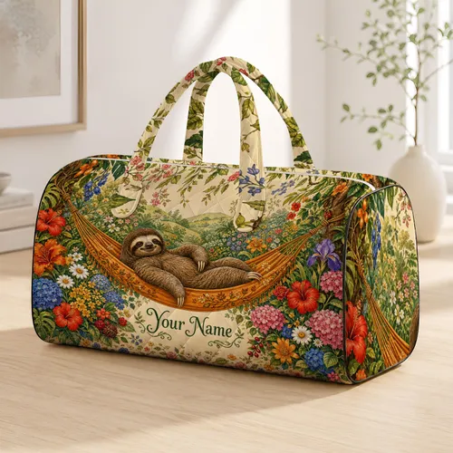 Botanical Sloth In Golden Hammock Floral Garden Getaway Travel Gift For Nature Lovers Quilted Weekend Bag