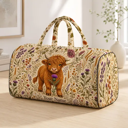 Highland Calf With Violet Thistle For Scottish Getaways And Cottagecore Travelers Quilted Weekend Bag