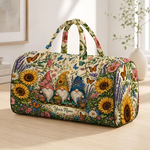 Whimsical Garden Gnomes With Sunflowers For Cottagecore Travel And Gift Giving Fans Quilted Weekend Bag