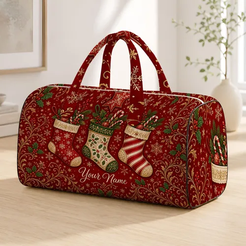 Three Christmas Stockings With Holly For Festive Travel And Seasonal Holiday Gift Giving Quilted Weekend Bag