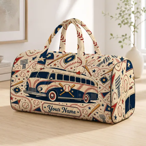 Vintage Baseball Road Trip Coach for Game Day Travel, Getaways and Baseball Fans Quilted Weekend Bag