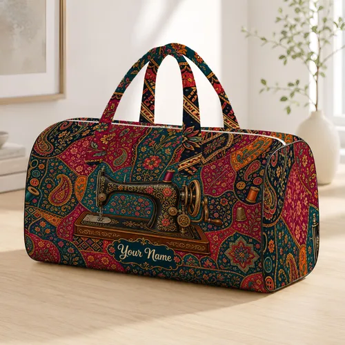 Vintage Sewing Machine Boho Patchwork Travel Gift for Quilters and Crafting Lovers Quilted Weekend Bag