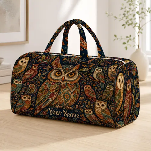 Bohemian Owl Sanctuary For Overnight Travel And Festival Adventures With Your Name Quilted Weekend Bag