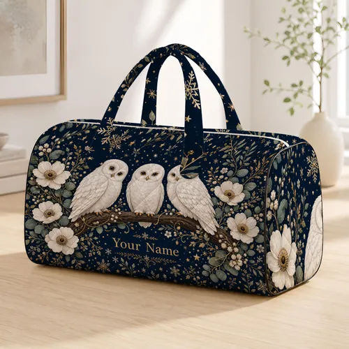 Snowy White Owls On Navy Winter Florals For Christmas Travel And Overnight Stays Quilted Weekend Bag