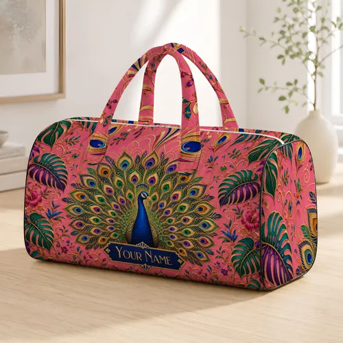 Regal Art Deco Peacock With Jewel Feathers For Travel, Weddings And Gift Giving Occasions Quilted Weekend Bag