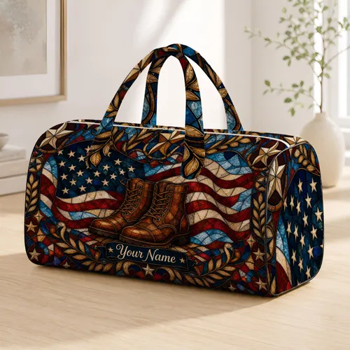 Vintage Service Boots Patriotic Stained Glass Travel Gift For Military Families Quilted Weekend Bag