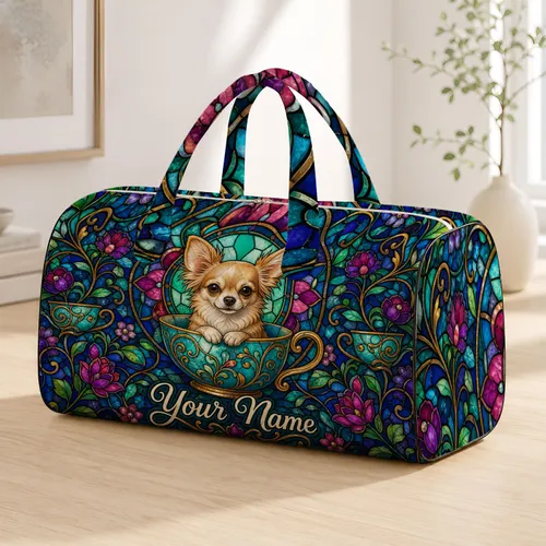 Stained Glass Long Eared Chihuahua In Teacup For Travel Trips And Dog Lover Gifts Quilted Weekend Bag
