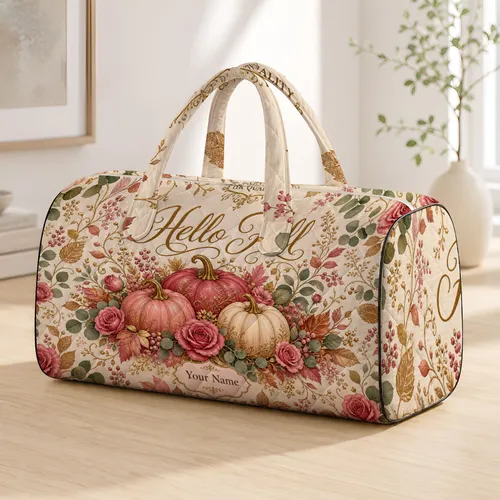 Blush Pumpkin Rose Eucalyptus Autumn Harvest Getaway Gift for Boho Women Travelers Quilted Weekend Bag