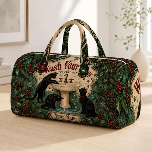 Vintage Black Cat Sink Wash Your Paws Christmas Travel Gift For Cat Lovers And Hosts Quilted Weekend Bag