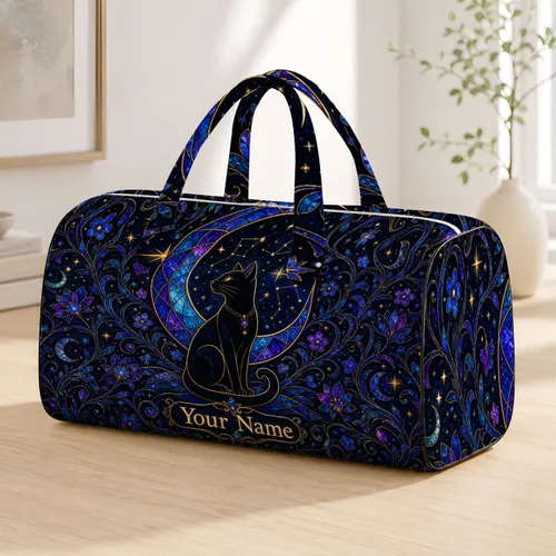 Midnight Black Cat Crescent Moon Celestial Travel Gift for Cat Lovers Quilted Weekend Bag
