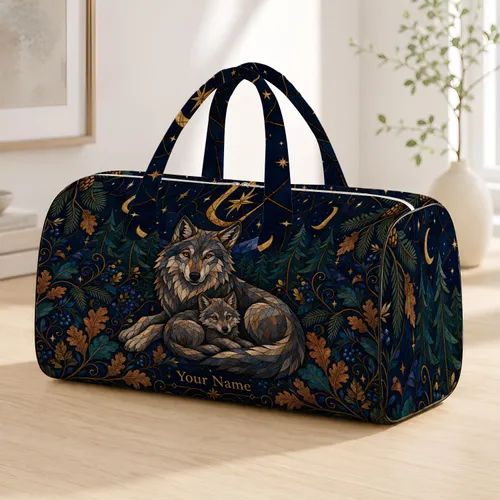 Wolf And Pup Midnight Forest Travel Gift With Name For Nature Lovers Quilted Weekend Bag