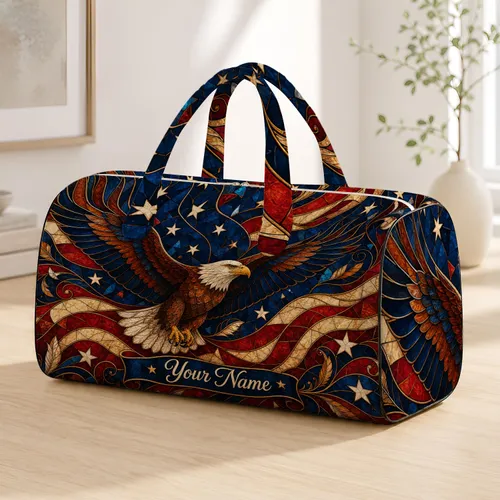 Soaring Bald Eagle American Flag Travel Gift For Patriotic Adventure Lovers Quilted Weekend Bag