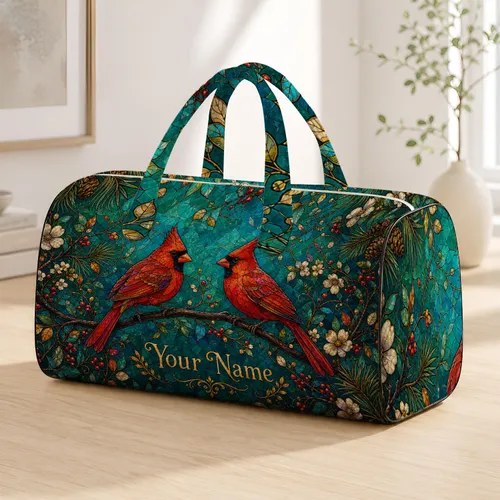 Cardinal Pair With Spring Foliage Nature Travel Gift For Bird Lovers Quilted Weekend Bag