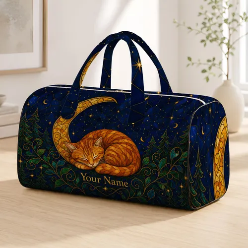 Sleeping Ginger Cat Crescent Moon Overnight Travel Gift For Cat Lovers Quilted Weekend Bag