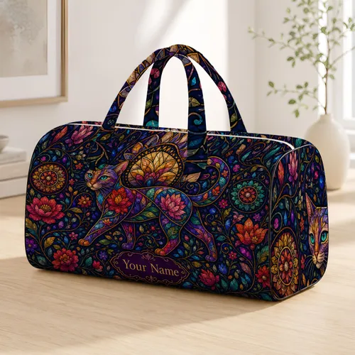 Colorful Floral Cat Travel Gift For Boho Cat Lovers And Weekend Getaways Quilted Weekend Bag