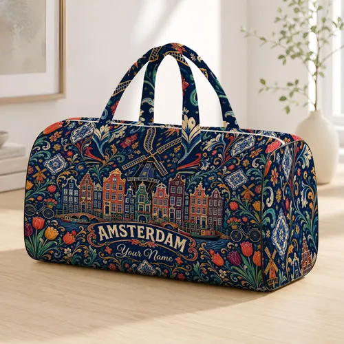 Amsterdam Canal Houses Windmill For Dutch Travel Lovers And City Break Adventures Quilted Weekend Bag