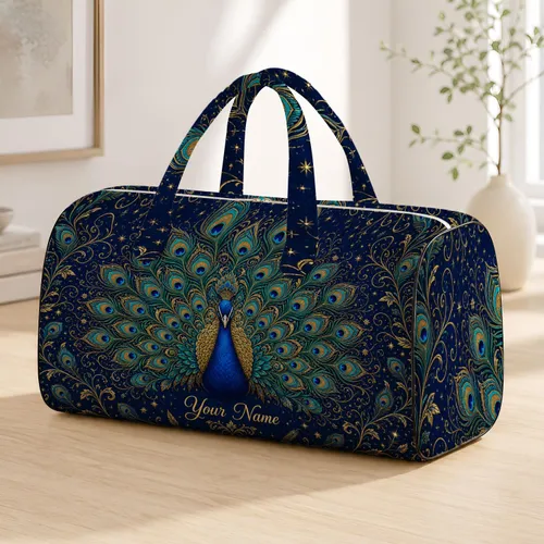 Royal Peacock Gold Feather Halo for Stylish Getaways and Overnight Travel Lovers Quilted Weekend Bag